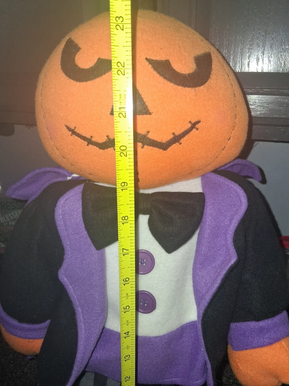 Plush Pumpkin Jack Holiday Figurine in Orange & Purple